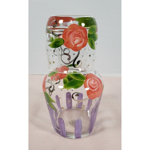 Carafe & Tumbler Glass Nite Night Bedside Table Set Hand Painted Roses - Picture 1 of 7